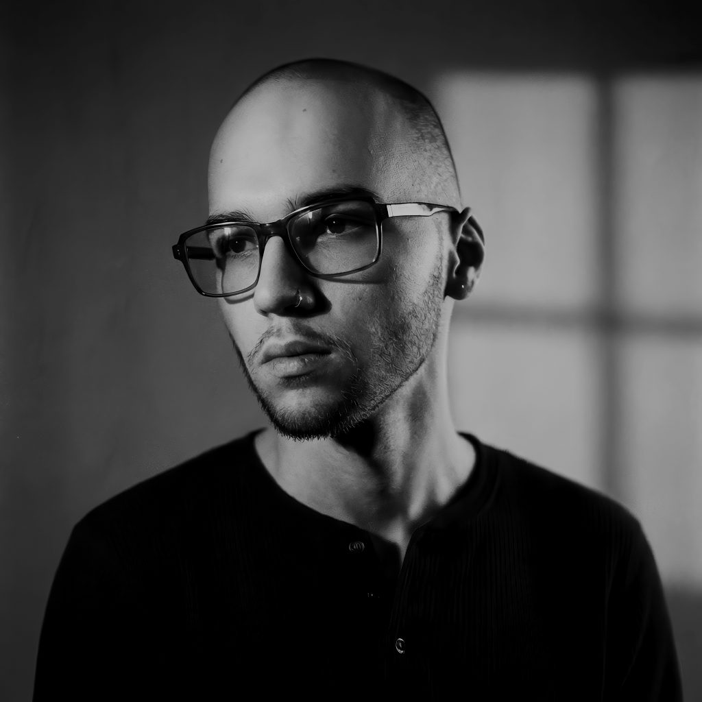 Black and white portrait of Nathan Velasquez.