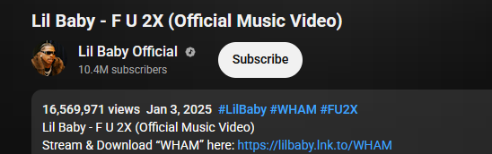 Public YouTube proof for Lil Baby F U 2X.