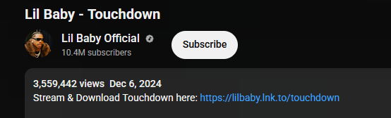 YouTube proof for Lil Baby Touchdown.